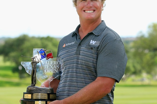 SAN ANTONIO, TX - APRIL 24: Charley Hoffman poses with the Valero Texas Open trophy during the final round of the Valero Texas Open at TPC San Antonio AT&T Oaks Course on April 24, 2016 in San Antonio, Texas. (Photo by Scott Halleran/Getty Images)