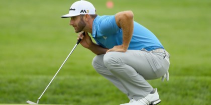 OAKMONT, PA - JUNE 17: Dustin Johnson of the United States looks over a putt on the first green during the continuation of the weather delayed first round of the U.S. Open at Oakmont Country Club on June 17, 2016 in Oakmont, Pennsylvania. (Photo by Andrew Redington/Getty Images)