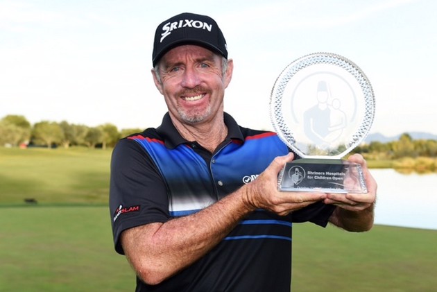 LAS VEGAS, NV - NOVEMBER 06: Rod Pampling of Australia celebrates with the winner's trophy after the final round of the Shriners Hospitals For Children Open on November 6, 2016 in Las Vegas, Nevada. (Photo by Steve Dykes/Getty Images)