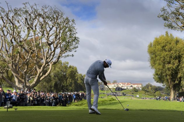 PACIFIC PALISADES, CA - FEBRUARY 19: Dustin Johnson hits a tee shot on the ninth hole during the final round of the Genesis Open at Riviera Country Club on February 19, 2017 in Pacific Palisades, California. (Photo by Stan Badz/PGA TOUR)