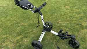 Bag Boy Nitron Swivel Push Cart The Bag Boy Nitron Swivel Push Cart unfolded without a golf bag