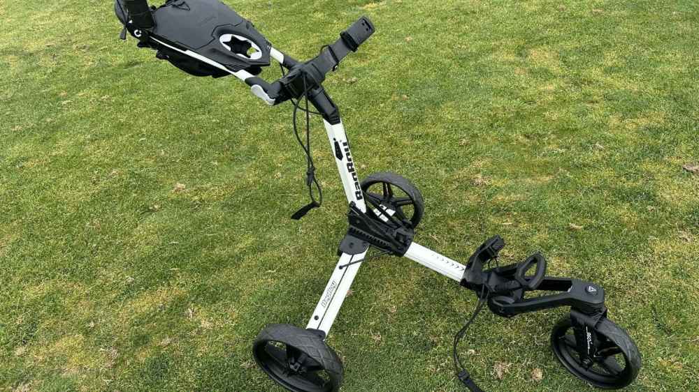 The Bag Boy Nitron Swivel Push Cart unfolded without a golf bag