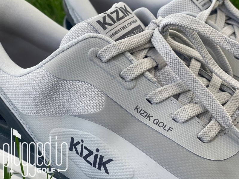 Photo of the tongue, laces, and upper materials on the Kizik Athens Men's Golf Shoe.