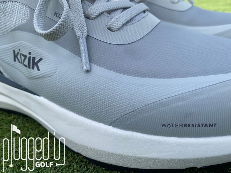 Photo of the toe box and Water Resistant label on the Kizik Men's Athens Golf Shoe.