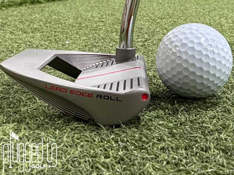 Spoiler OG Putter Close up with a ball showing leading edge of putter