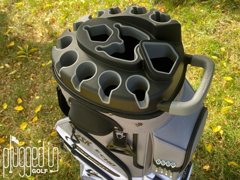 Photo of the Club Lock-Top, handles, and dividers on the Ask Echo T-Lock 4.0 Cart Bag.